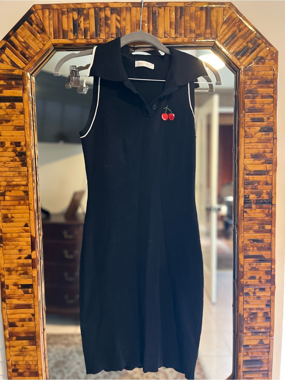 Sleeveless Black Polo Dress with Cherry Embroidery